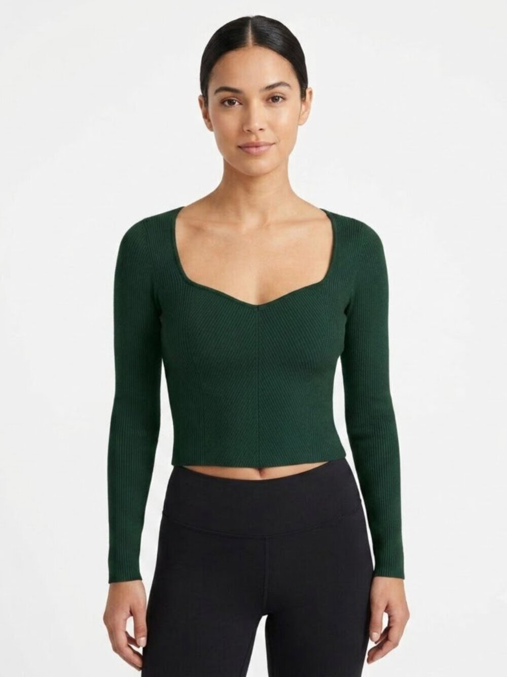 Abercrombie & Fitch Y2K Dark Green Ribbed Long Sleeve Sweetheart Neck Top Small